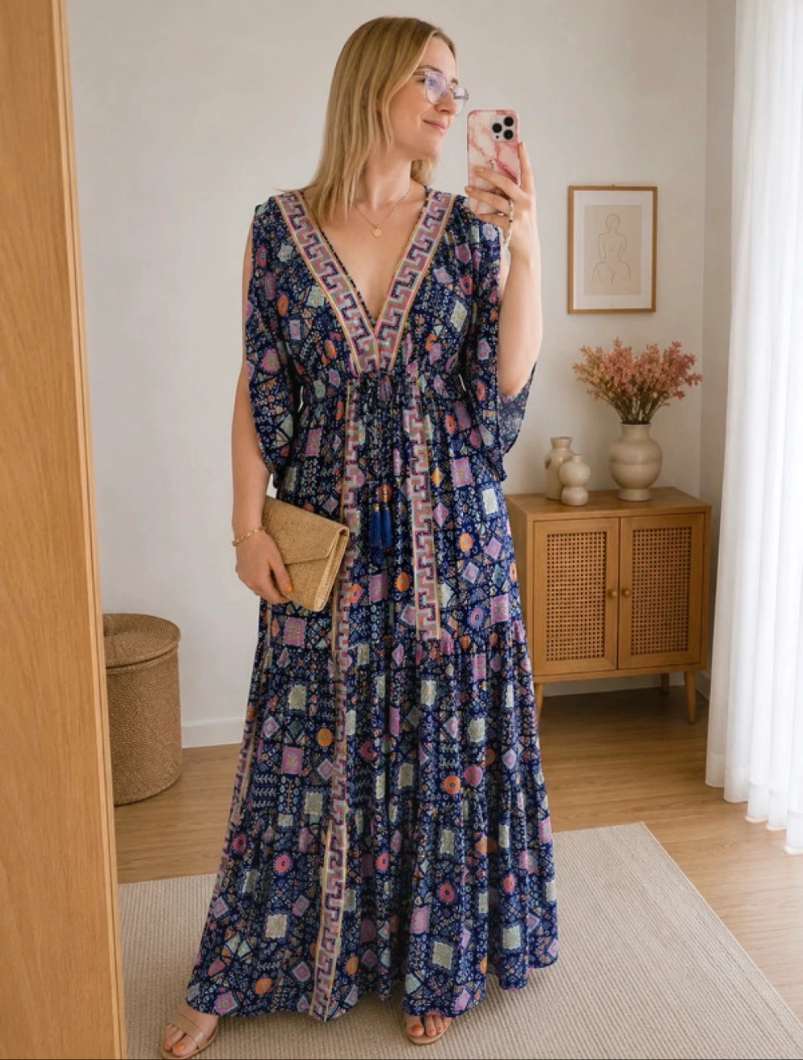 Neuf | robe bohème carré bleu rose volant légère été magnifique | taille unique élastique